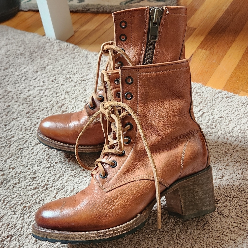 freebird Cognac Leather Lace-Up Heeled Boots